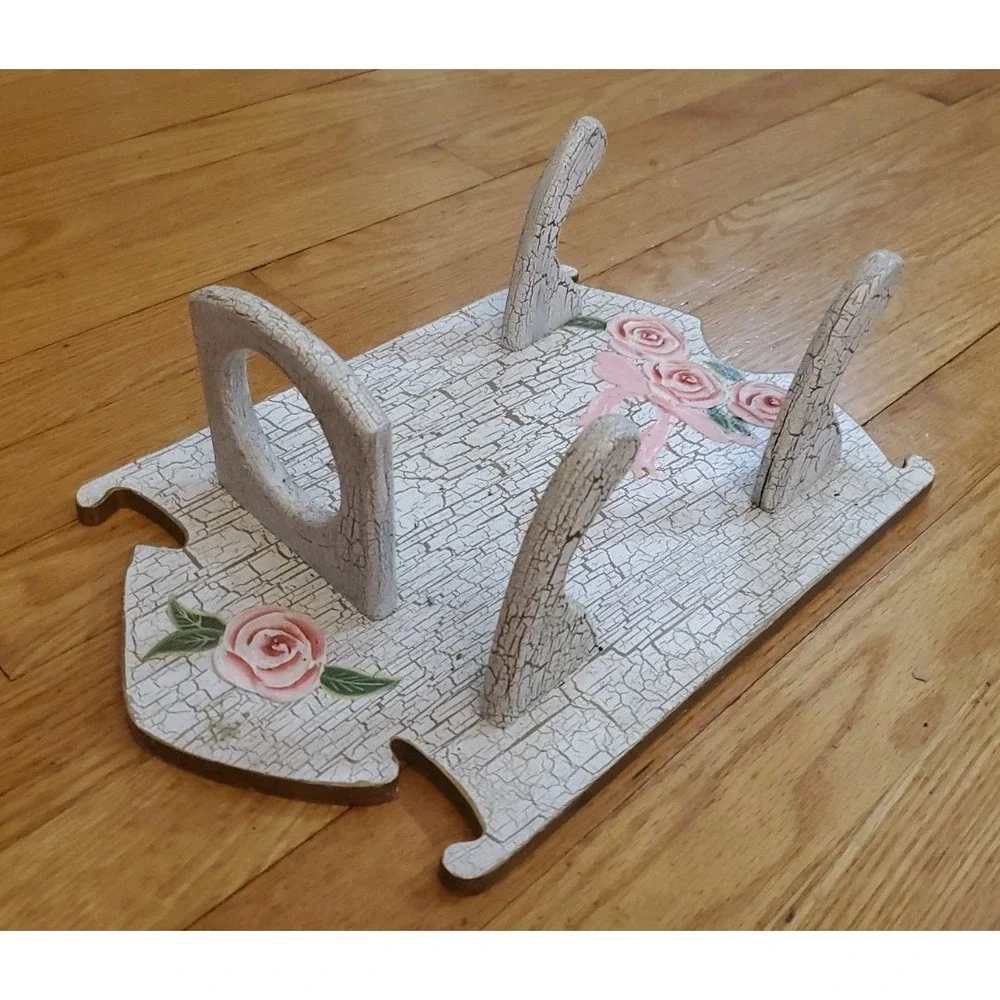 Vintage Shabby Chic Wood Wall Shelf Vanity Organizer Crackle‎ Paint Rose Ribbon